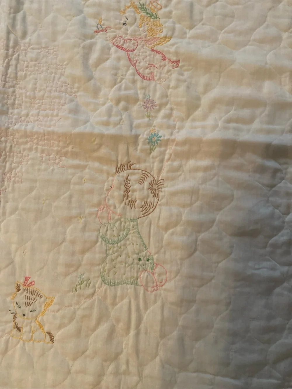 Vtg Hand Embroidered Bedtime Prayer Baby Quilt Now I Lay Me Down To Sleep 50’s